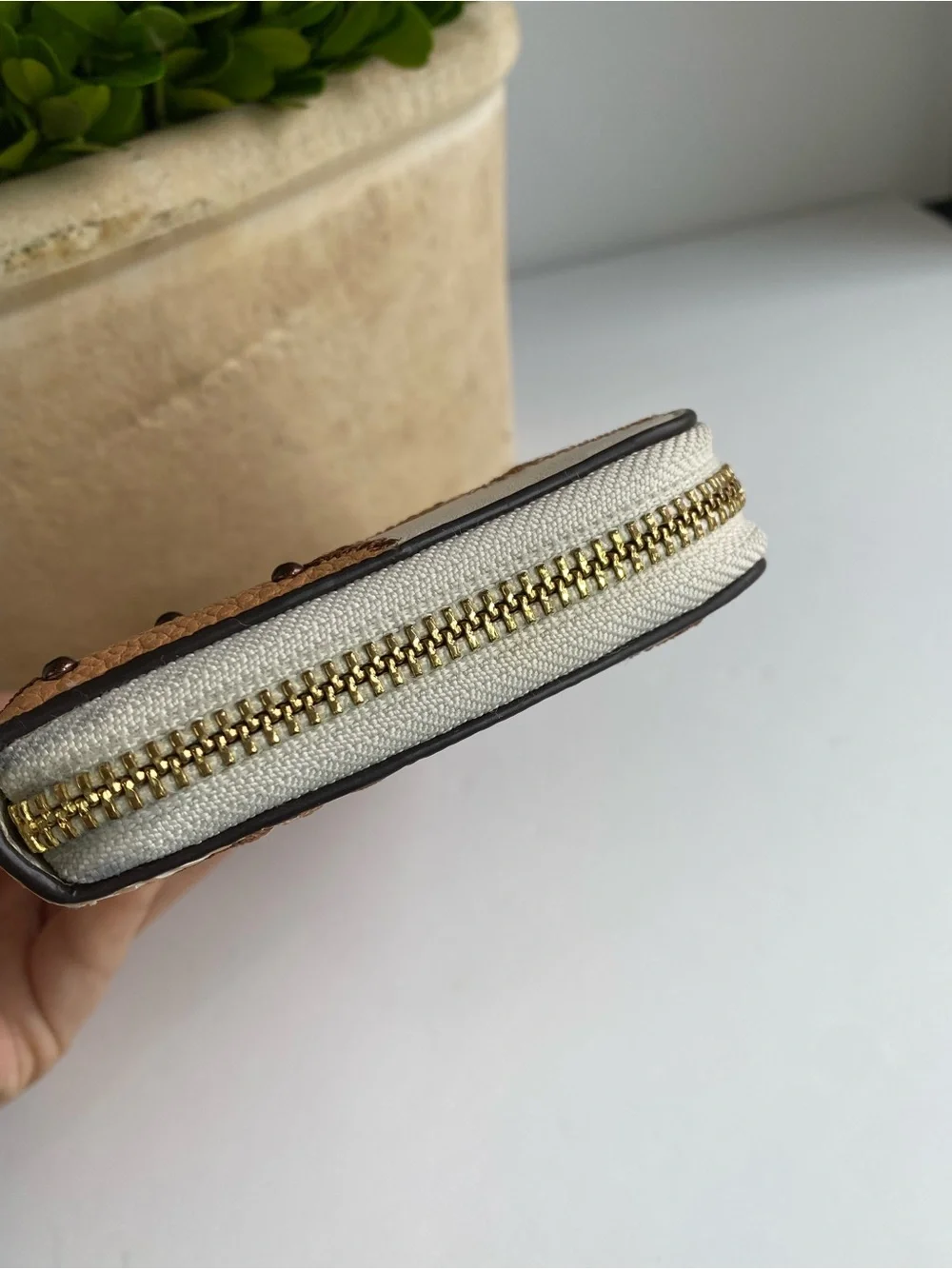 Coach Studded Floral Swagger Floral  Zip Wallet in Cream and Tan